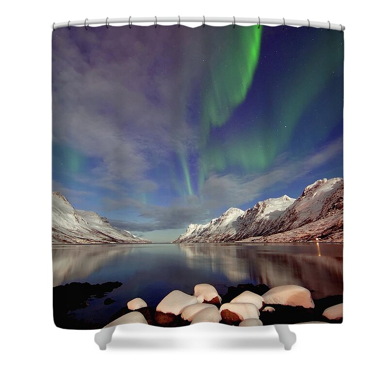 Tranquility Shower Curtain featuring the photograph Full Moon In Ersfjordbotn by John Hemmingsen