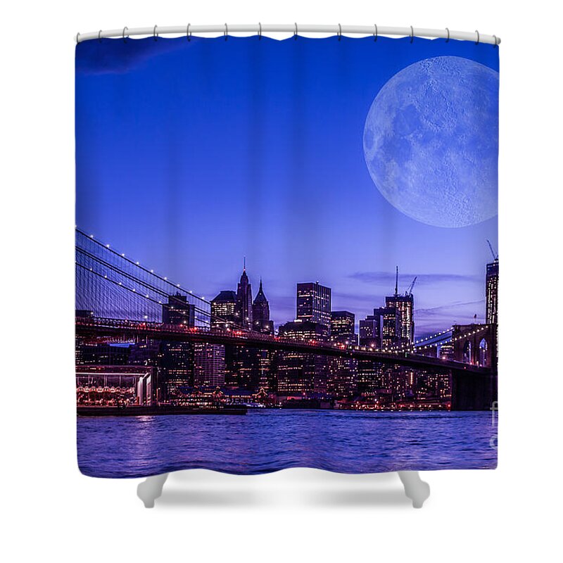 Nyc Shower Curtain featuring the photograph Full moon over Manhattan II by Hannes Cmarits