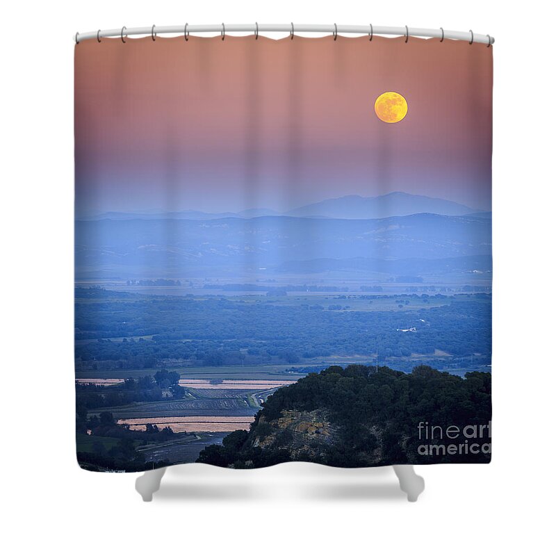 Andalucia Shower Curtain featuring the photograph Full Moon Over Vejer Cadiz Spain by Pablo Avanzini