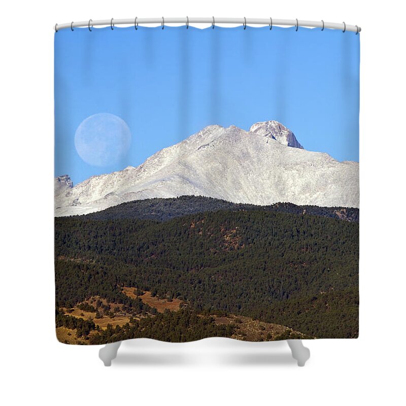 Colorado Shower Curtain featuring the photograph Full Moon Setting Over Snow Covered Twin Peaks by James BO Insogna