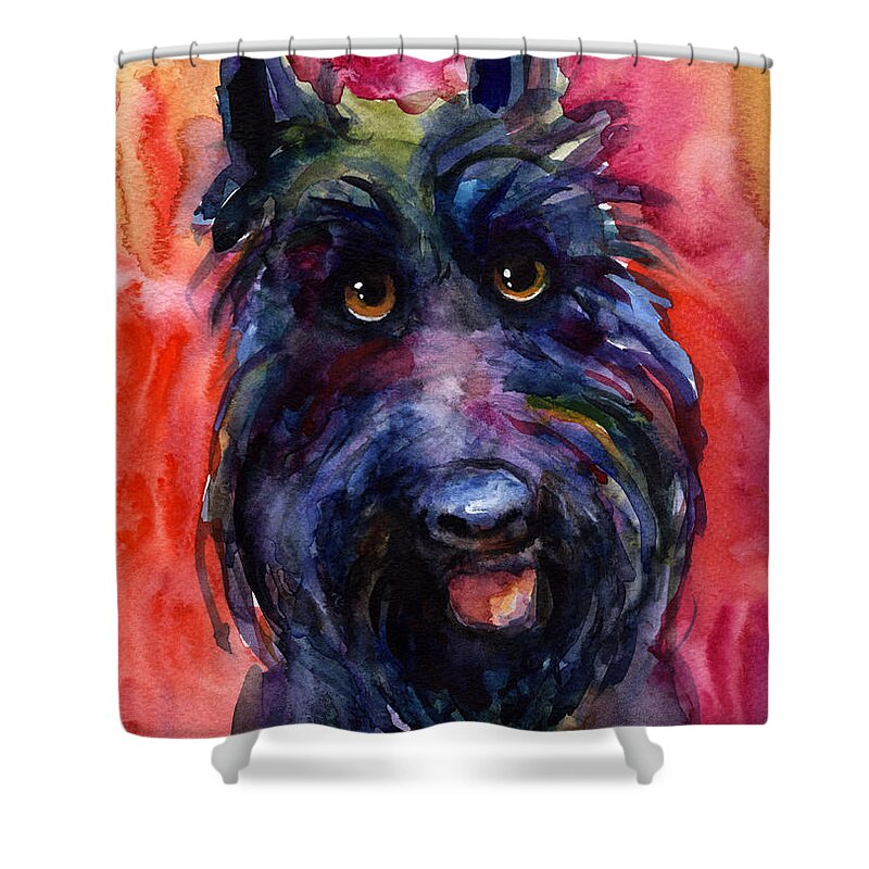 Scottish Terrier Shower Curtain featuring the painting Funny curious Scottish terrier dog portrait by Svetlana Novikova