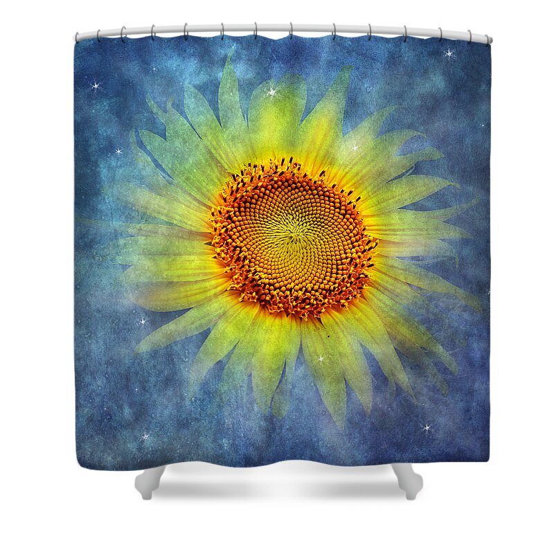 Yellow Sunflower Shower Curtain featuring the photograph Galactic Bloom by Marina Kojukhova