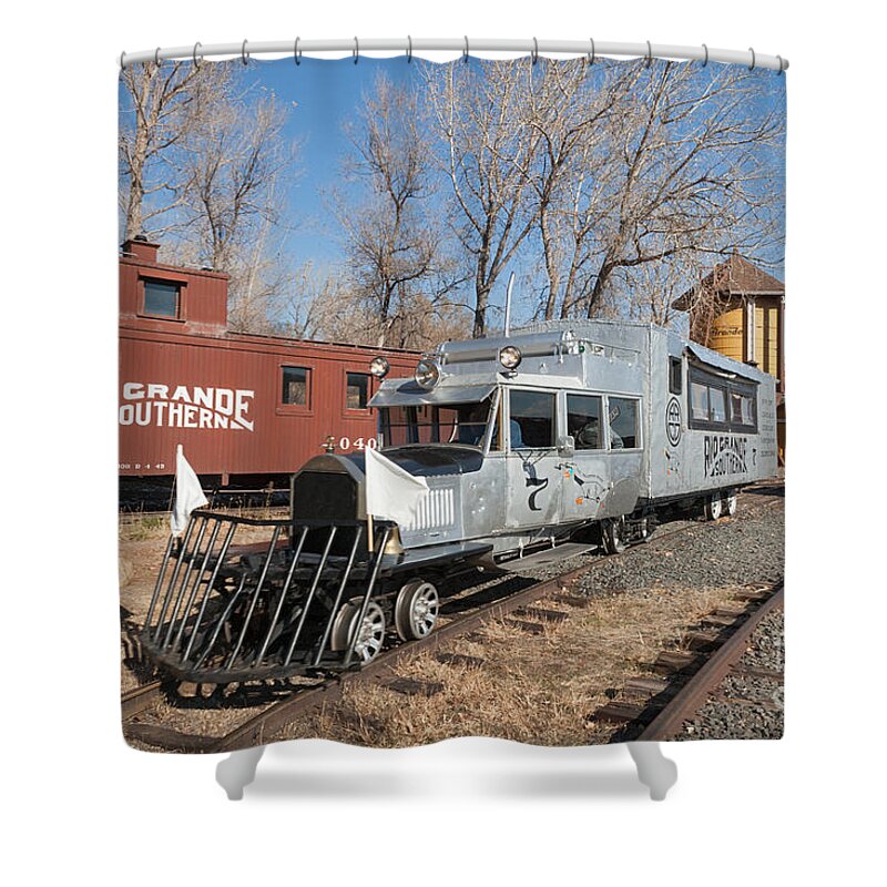 Colorado Shower Curtain featuring the photograph Galloping Goose 7 in the Colorado Railroad Museum by Fred Stearns