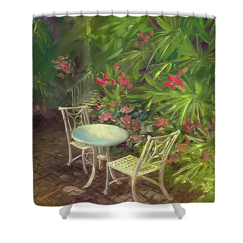 Gardens Hotel Shower Curtain featuring the painting Garden Conversation by Maryann Boysen