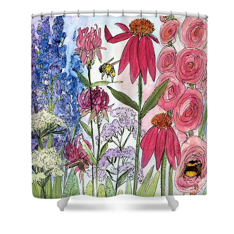 Acrylic On Canvas Shower Curtain featuring the painting Garden Flower and Bees by Laurie Rohner