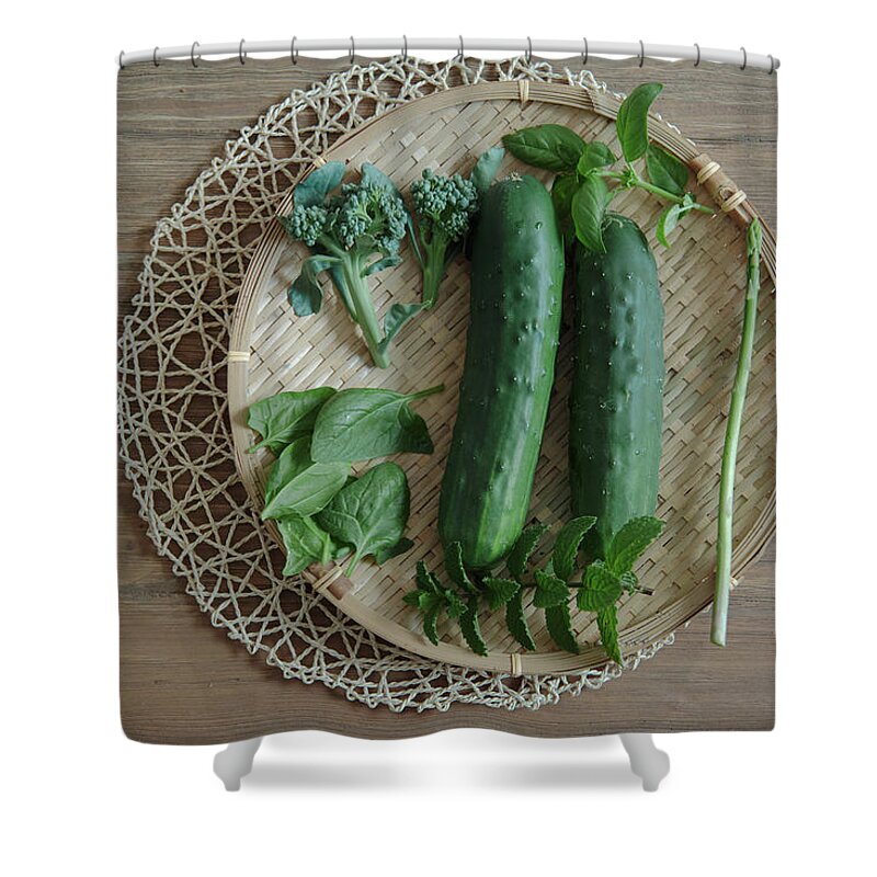 Broccoli Shower Curtain featuring the photograph Garden Harvest - Cucumber, Spinach by Peter Tsai Photography - Www.petertsaiphotography.com