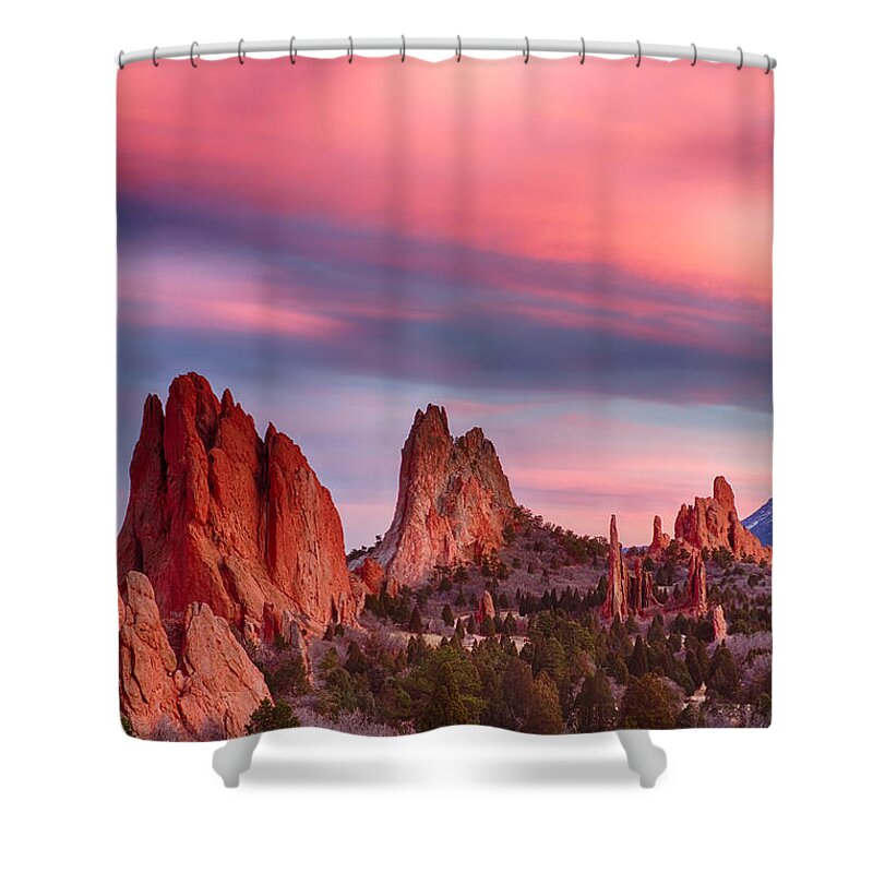 Garden Of The Gods Shower Curtain featuring the photograph Garden of the Gods Sunset Sky Portrait by James BO Insogna