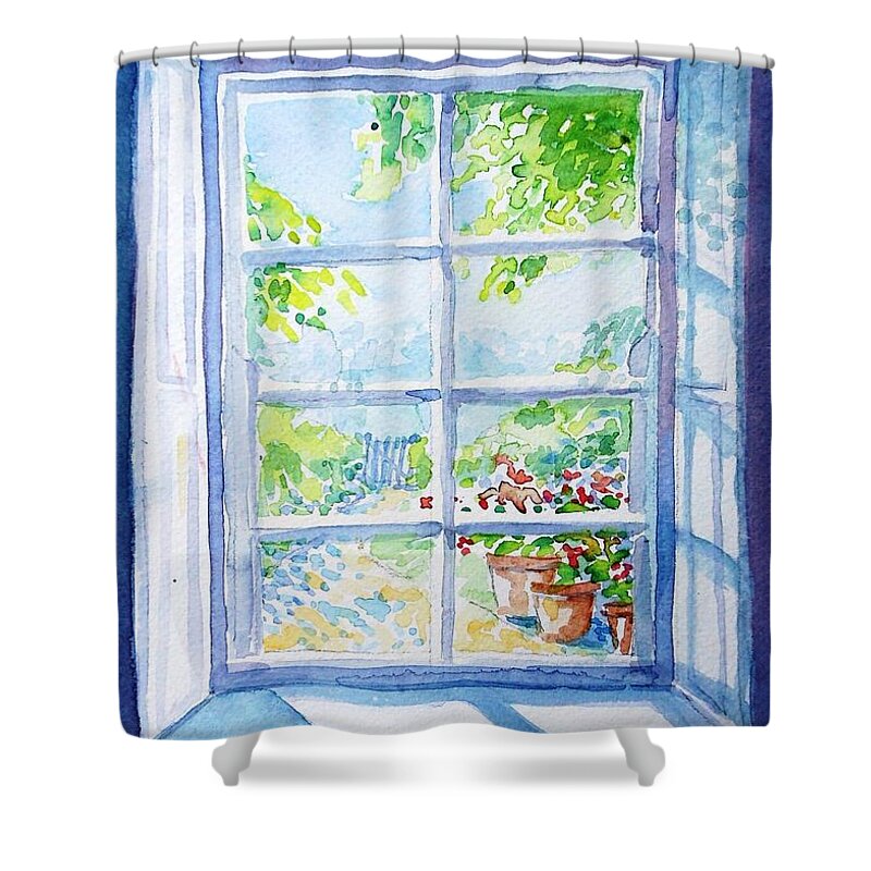 Garden Path Shower Curtain featuring the painting Garden Path through a Summer Window by Trudi Doyle