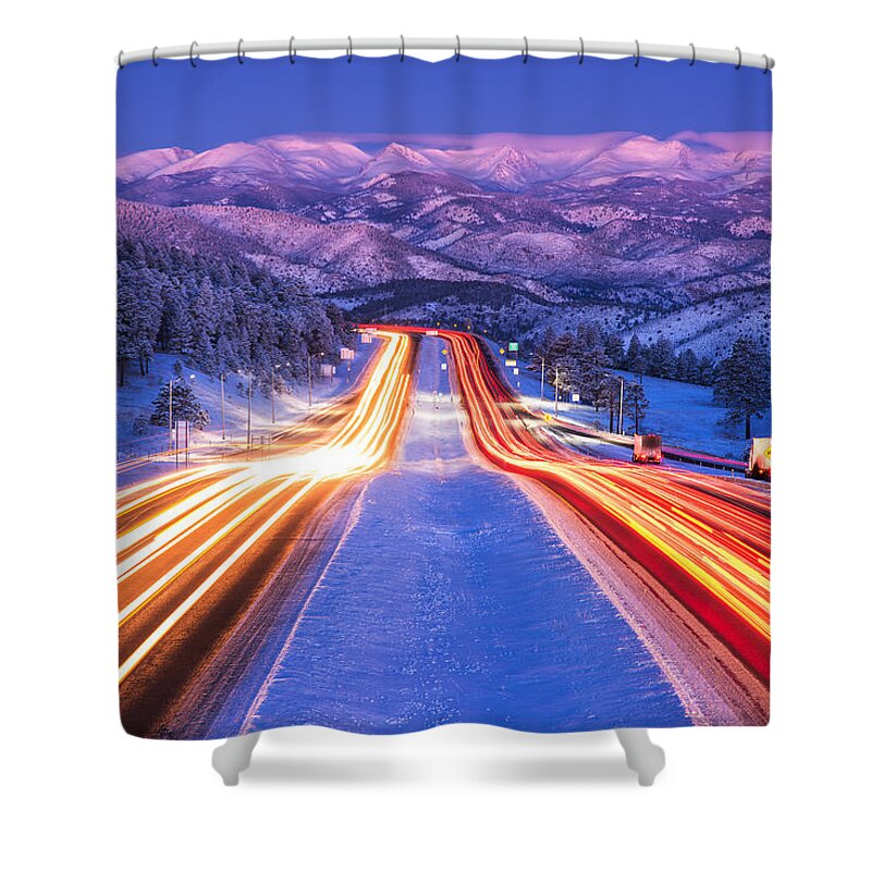 Snow Shower Curtain featuring the photograph Gateway to the Rockies by Darren White