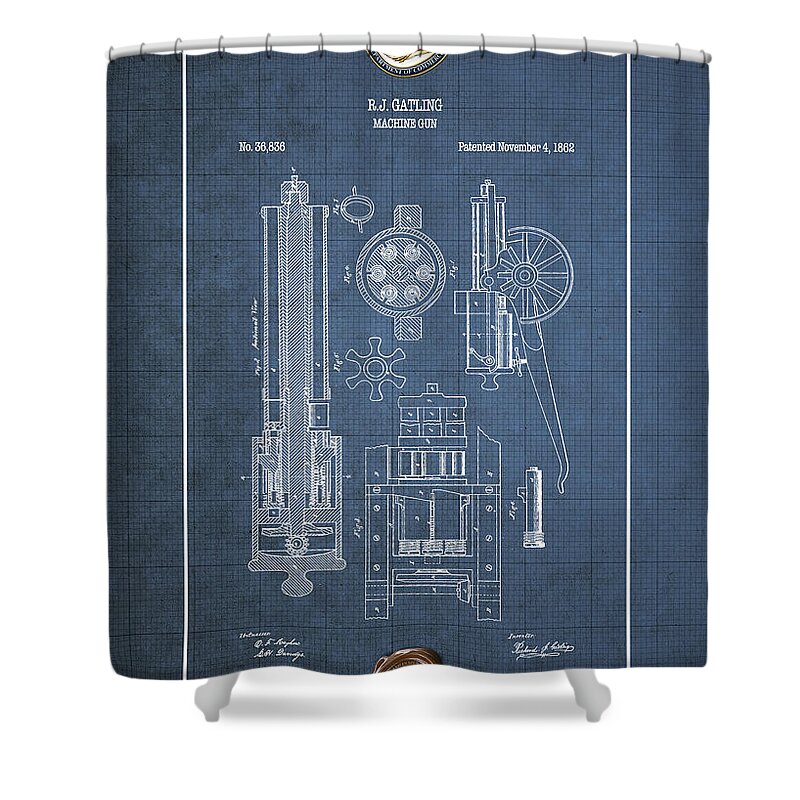 C7 Vintage Patents Weapons And Firearms Shower Curtain featuring the digital art Gatling Machine Gun - Vintage Patent Blueprint by Serge Averbukh