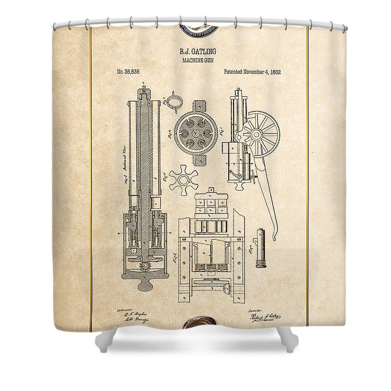 C7 Vintage Patents Weapons And Firearms Shower Curtain featuring the digital art Gatling Machine Gun - Vintage Patent Document by Serge Averbukh