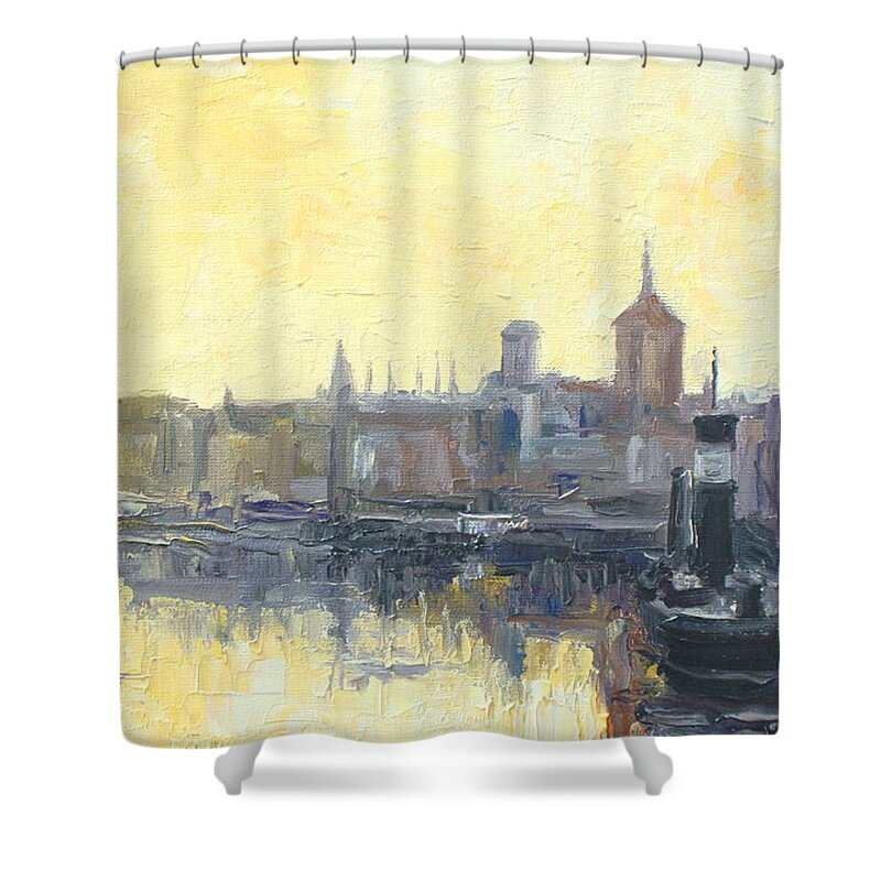 Gdansk Shower Curtain featuring the painting Gdansk Harbour - Poland by Luke Karcz