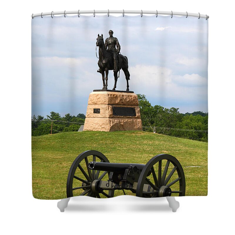 Gettysburg Battlefield Shower Curtain featuring the photograph General Meade Monument and Cannon by James Brunker