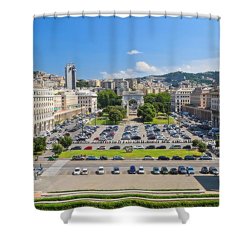 Architecture Shower Curtain featuring the photograph Genova - Piazza della Vittoria overview by Antonio Scarpi