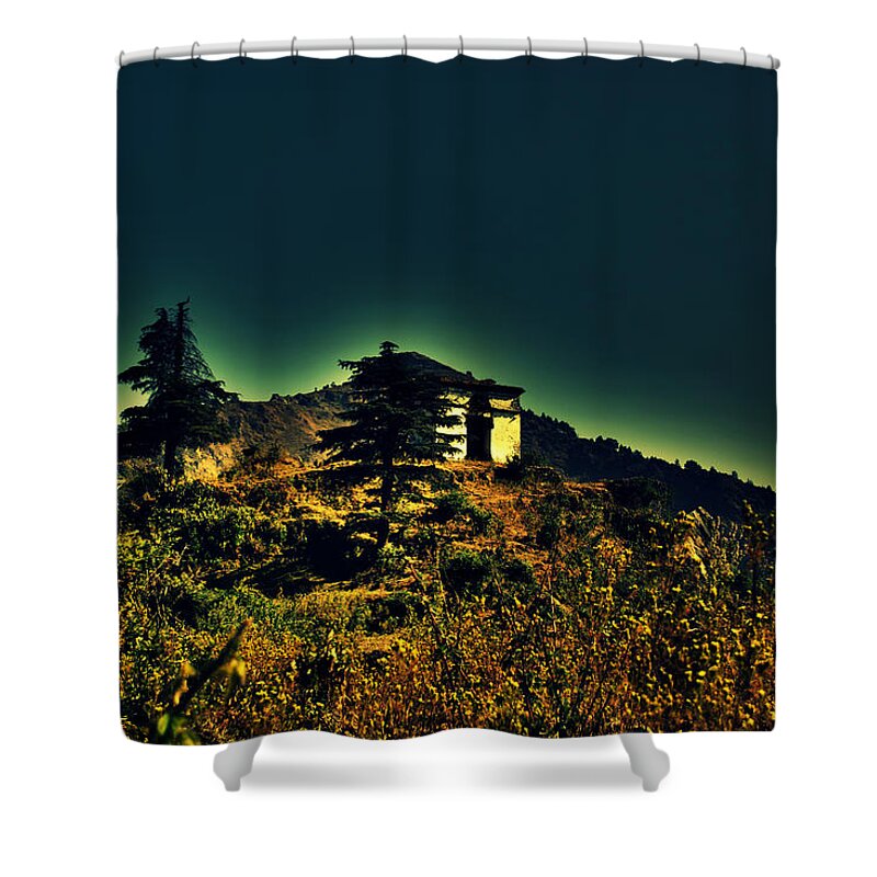 Wallpaper Buy Art Print Phone Case T-shirt Beautiful Duvet Case Pillow Tote Bags Shower Curtain Greeting Cards Mobile Phone Apple Android Nature Ruins Haunted Old House Abandoned Radha Bhavan British Mussoorie Mansion Palace Fort Mountain Hill Top Ghost Salman Ravish Khan Shower Curtain featuring the photograph George Everest observatory by Salman Ravish