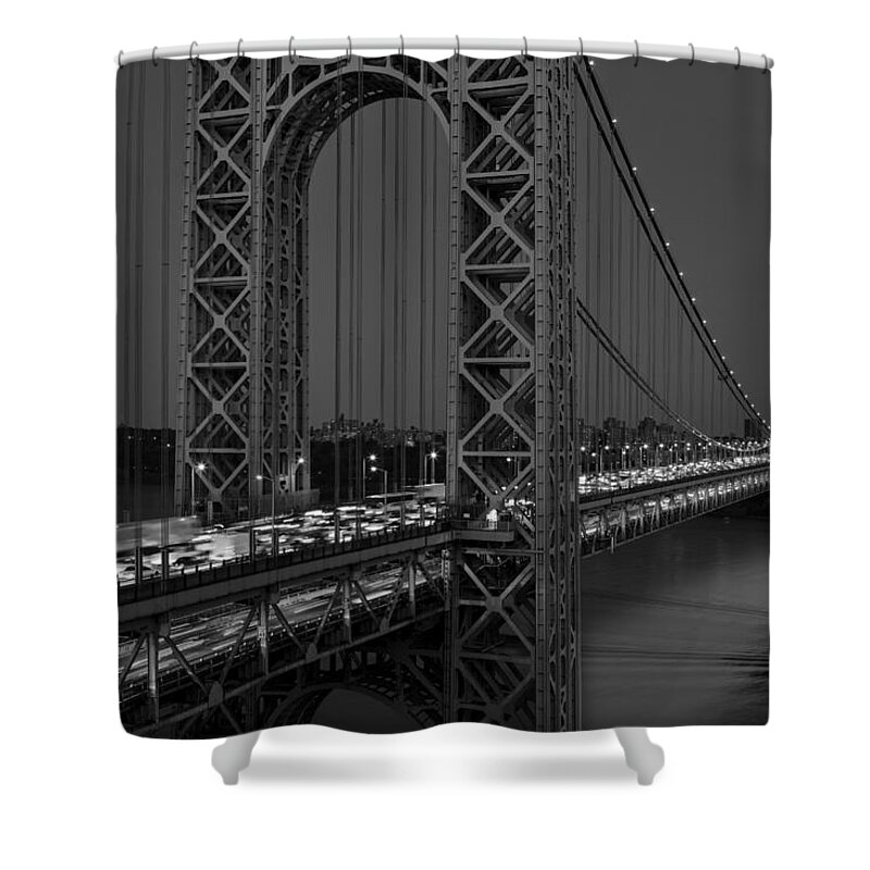 George Washington Bridge Shower Curtain featuring the photograph George Washington Bridge Moon Rise BW by Susan Candelario