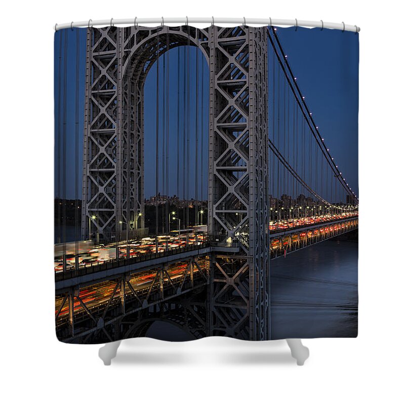 George Washington Bridge Shower Curtain featuring the photograph George Washington Bridge Moon Rise by Susan Candelario