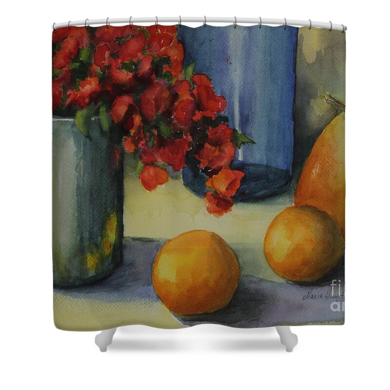 Pewter Vase Shower Curtain featuring the photograph Geraniums with Pear and Oranges by Maria Hunt