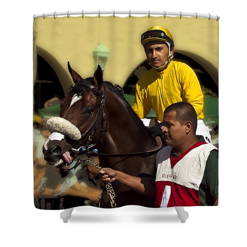 Del Mar Shower Curtain featuring the photograph Getting ready - jockey and horse for the race by Angela Stanton