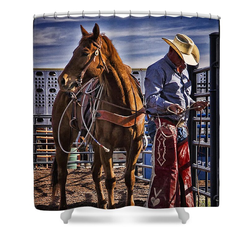 Horse Shower Curtain featuring the photograph Getting Ready to Ride by Priscilla Burgers