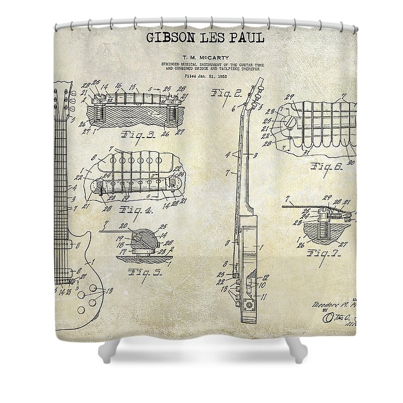 Gibson Shower Curtain featuring the photograph Gibson Les Paul Patent Drawing by Jon Neidert