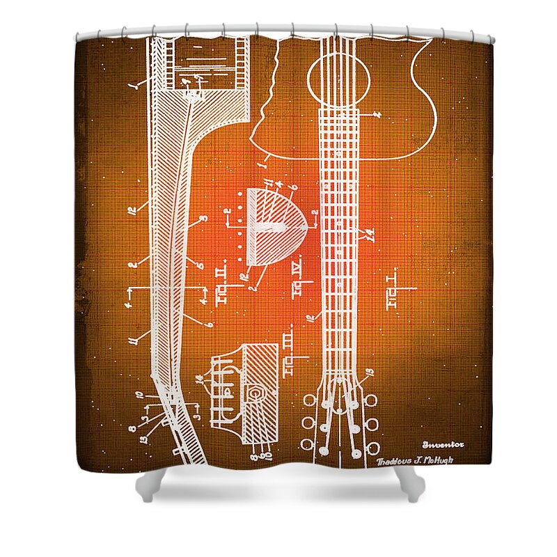 Guitar Shower Curtain featuring the drawing Gibson Thaddeus J Mchugh Guitar Patent Blueprint Drawing Sepia by Tony Rubino