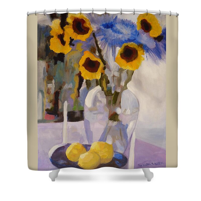 Still Life Sunflowers Mums Glass Vase Shower Curtain featuring the painting Gifts of the Sun by Susan Duda