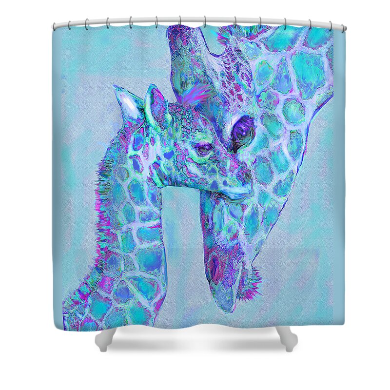 Jane Schnetlage Shower Curtain featuring the digital art Giraffe Shades Purple And Aqua by Jane Schnetlage