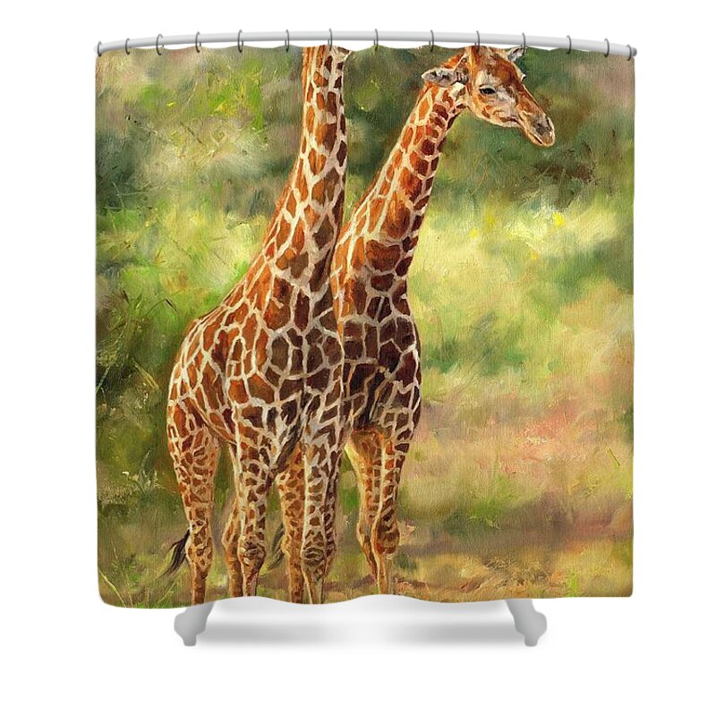 Giraffes Shower Curtain featuring the painting Giraffes by David Stribbling