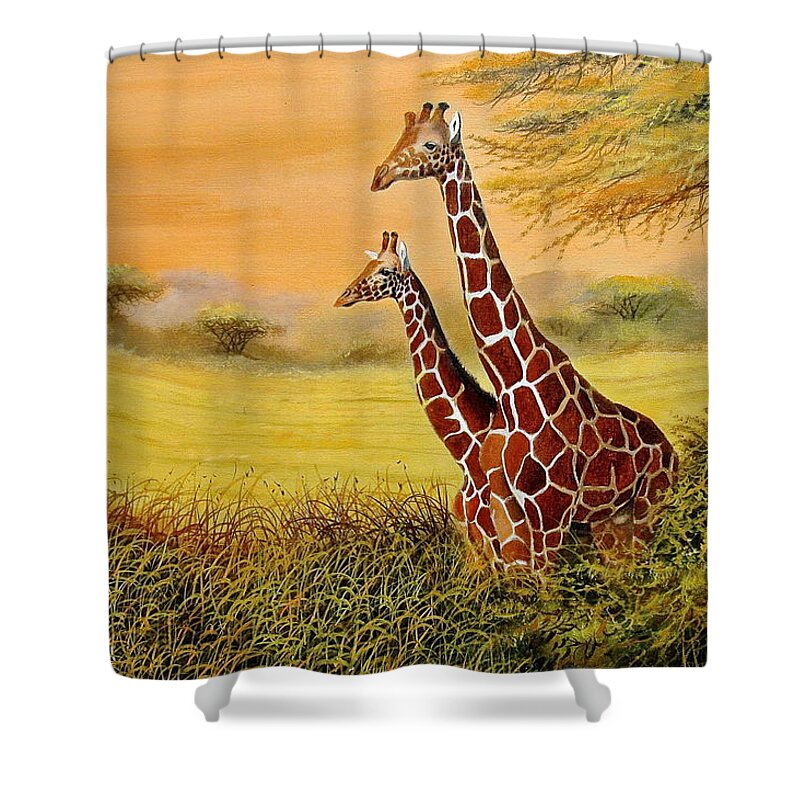 African Paintings Shower Curtain featuring the painting Giraffes Watching by Wycliffe Ndwiga