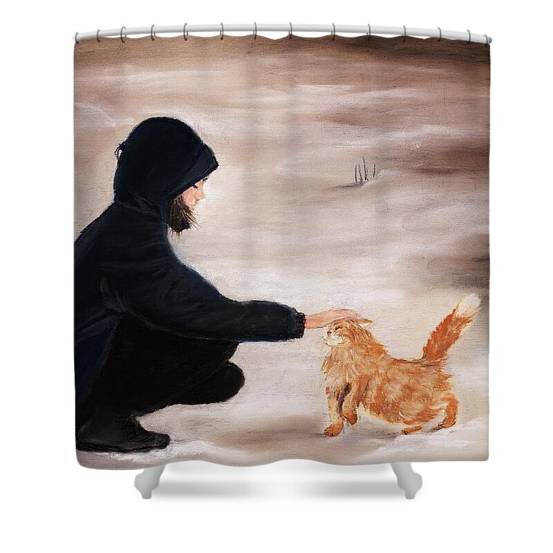 Malakhova Shower Curtain featuring the painting Girl and a Cat by Anastasiya Malakhova