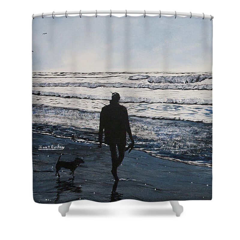 Cardiff Shower Curtain featuring the painting Girl and Dog Walking on the Beach by Ian Donley