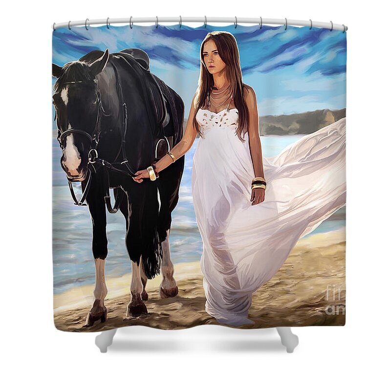 Girl Shower Curtain featuring the painting Girl and Horse on Beach by Tim Gilliland