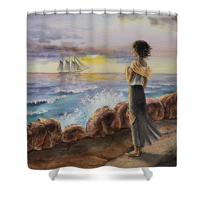Sailing Shower Curtain featuring the painting Girl And The Ocean Sailing Ship by Irina Sztukowski