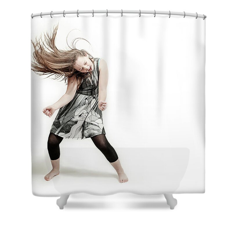 Child Shower Curtain featuring the photograph Girl Dancing On A Plain White Background by Krista Long