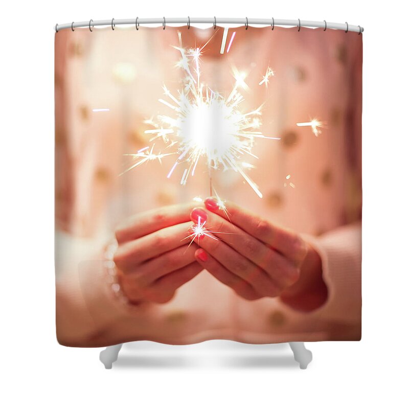 Firework Display Shower Curtain featuring the photograph Girl Holding Small Sparkler by Sasha Bell