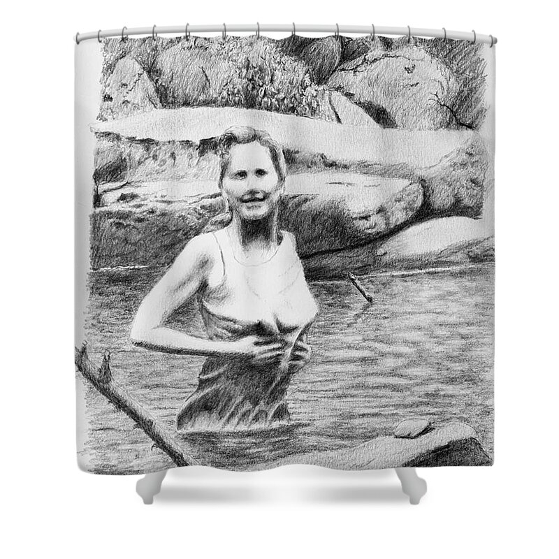 Girl Shower Curtain featuring the drawing Girl In Savage Creek by Daniel Reed