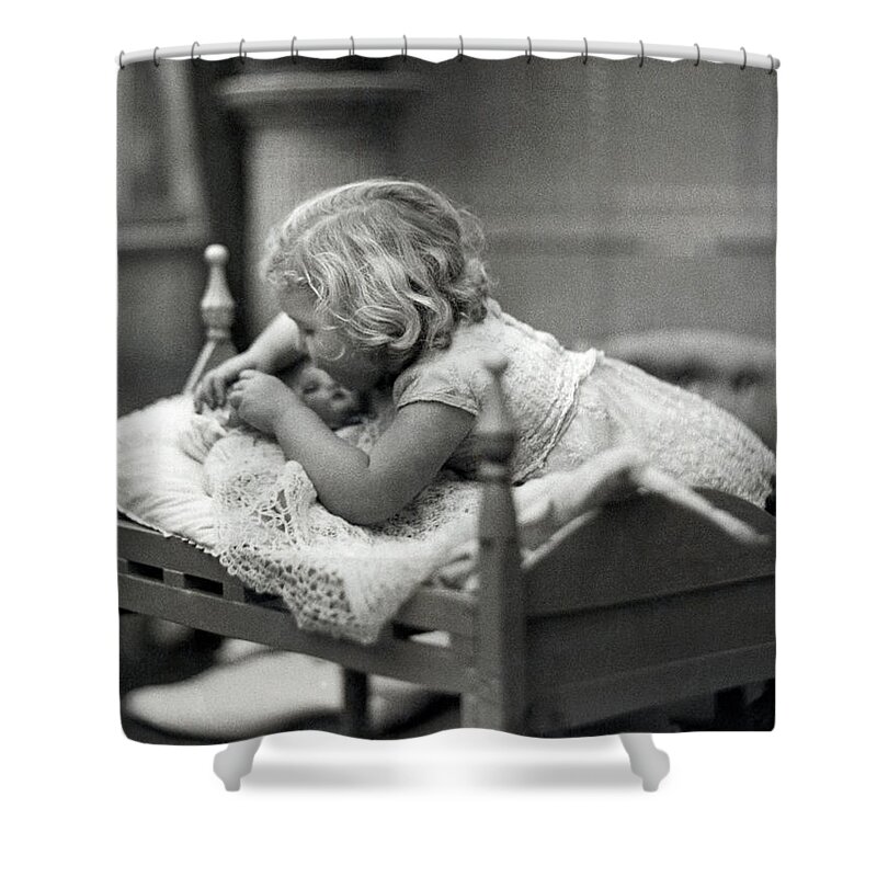 1 Person Shower Curtain featuring the photograph Girl Puts Doll To Bed by Underwood Archives