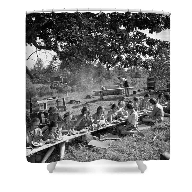 1920s Shower Curtain featuring the photograph Girl Scout Picnic by Underwood Archives