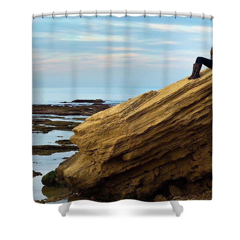 Child Shower Curtain featuring the photograph Girl Sitting On A Rock By The Sea by Ilan Shacham