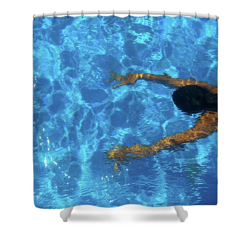 Underwater Shower Curtain featuring the photograph Girl Underwater In A Swimming Pool by Caracterdesign