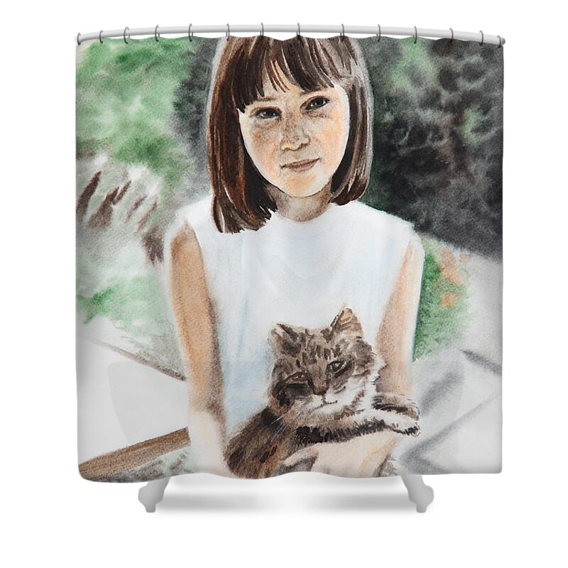Girl Shower Curtain featuring the painting Girl with Cat by Masha Batkova