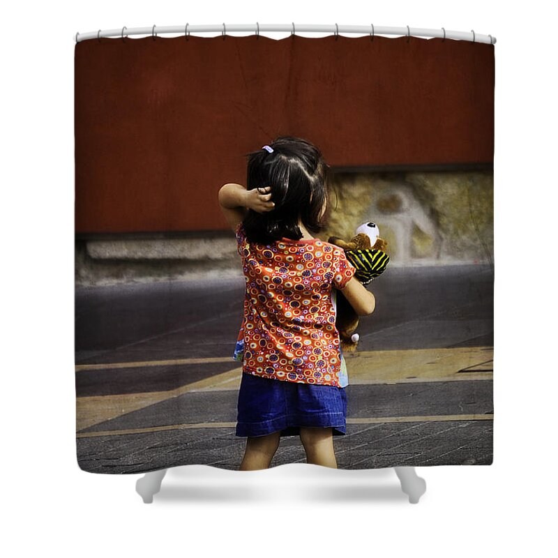 Girl With Toy Dog Shower Curtain featuring the photograph Girl with Toy Dog by Mary Machare