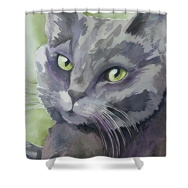 Grey Cat Shower Curtain featuring the painting Girlfriend by Michal Madison