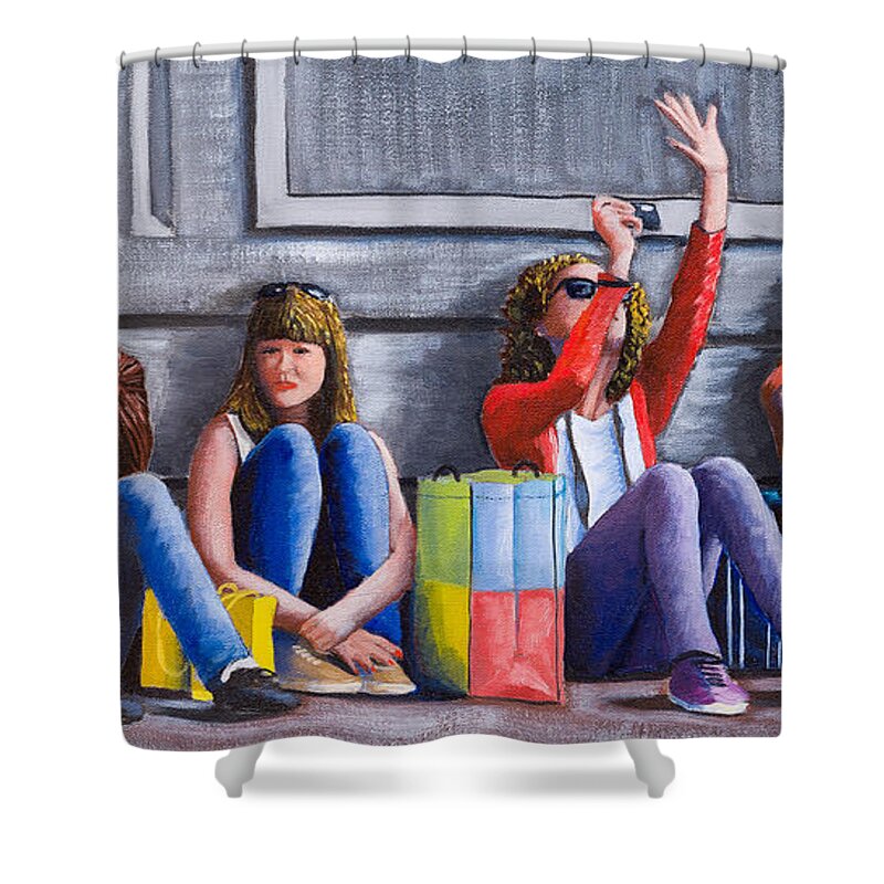 Girls Shower Curtain featuring the painting Girls Waiting for Ride by Kevin Hughes