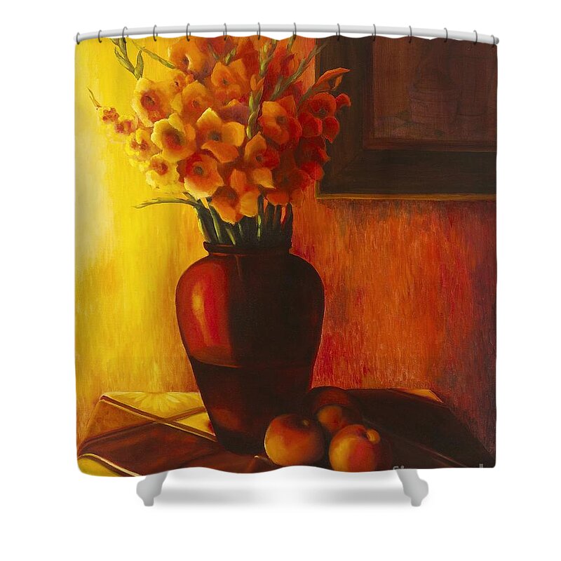 Still Life Shower Curtain featuring the painting Gladioli Red by Marlene Book