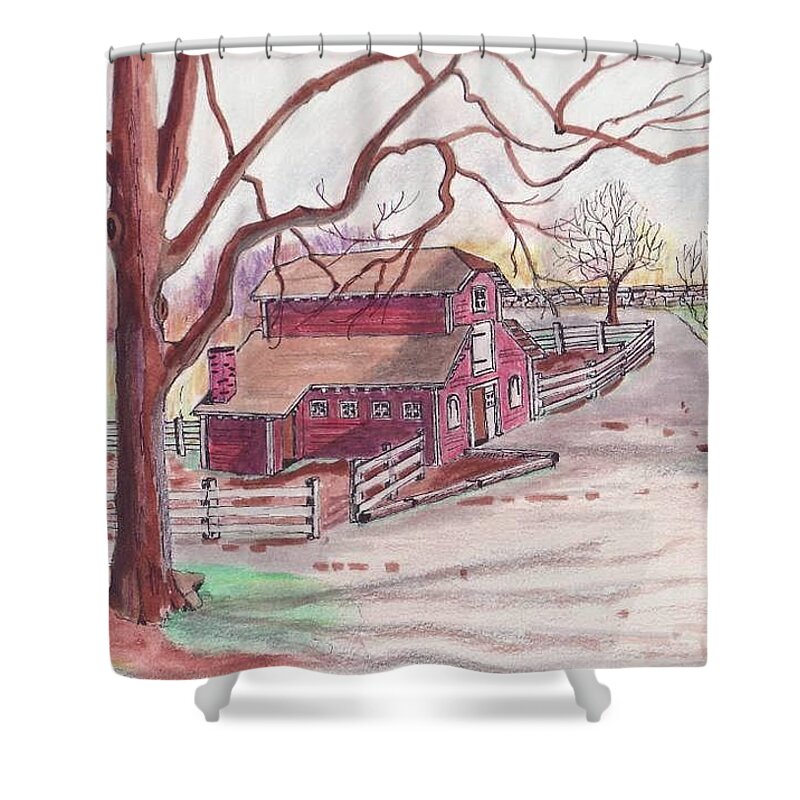 Paul Meinerth Artist Shower Curtain featuring the drawing Glen Magna Animal Barn by Paul Meinerth