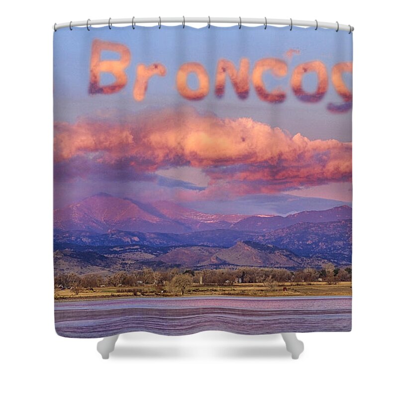 Go Broncos Shower Curtain featuring the photograph Go Broncos Colorado Front Range Longs Moon Sunrise by James BO Insogna