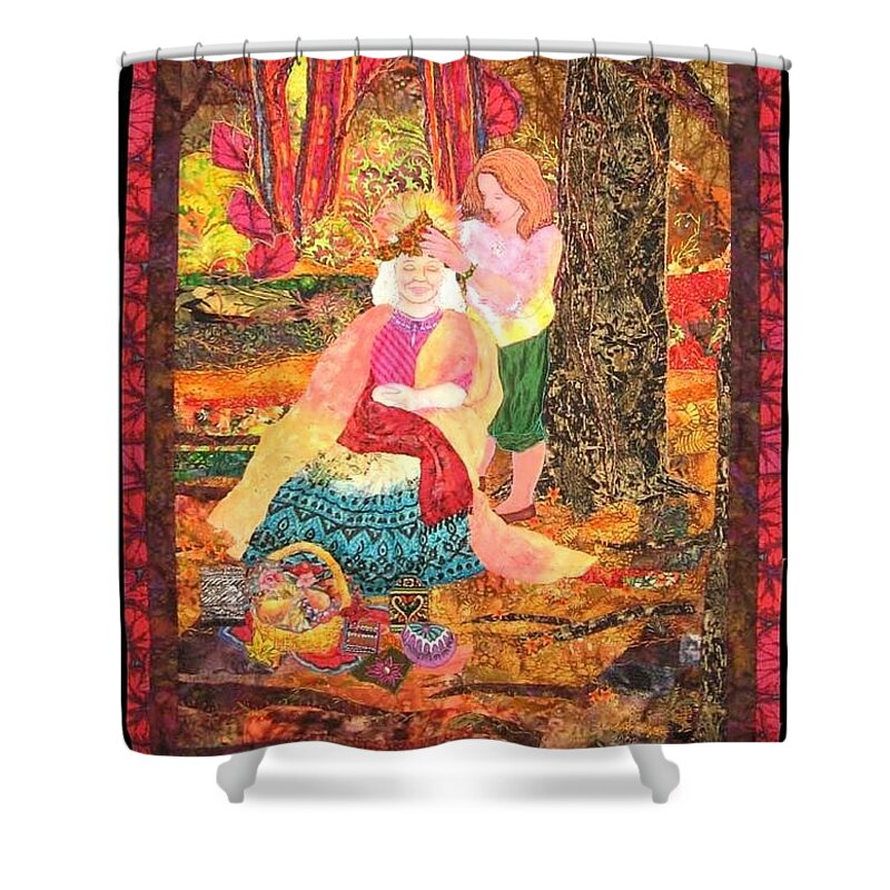 `nature Shower Curtain featuring the tapestry - textile Goddess Crowning by Carol Bridges