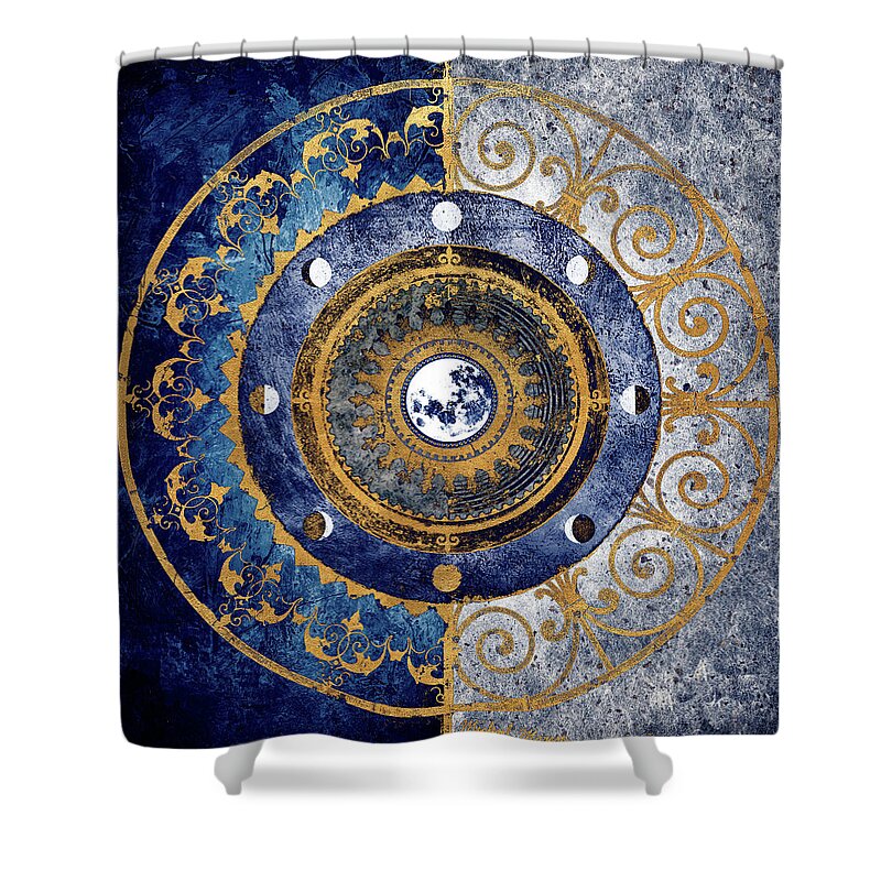 Moon Shower Curtain featuring the digital art Gold And Sapphire Moon Dial I by Michael Marcon